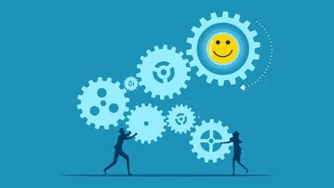 Process increases happiness. Team of business people connected gears and good Stock Illustration