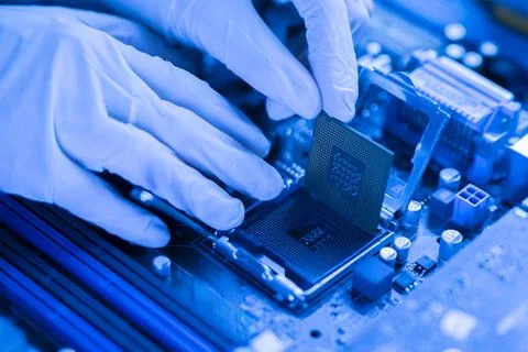 The process of Installation of processor in CPU socket, hands in gloves holding Foto stock