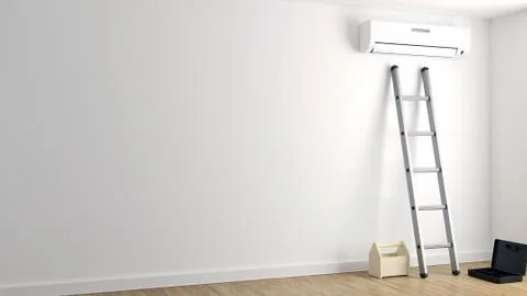 The process of installation, repair of air conditioning on a white wall Stock Illustration
