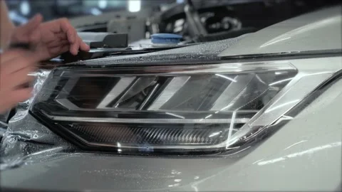 Process of installing of Paint Protection Film or PPF on new car in professional Stock Footage 147136372