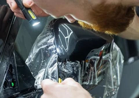 The process of installing PPF on the side of the car. Stock Photos