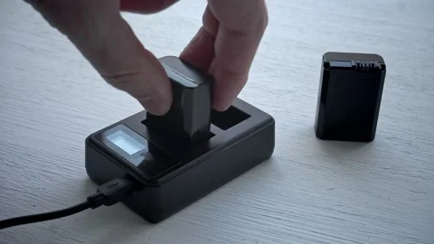 The process of installing two casting batteries from the camera to the portable Stock Footage 148901656