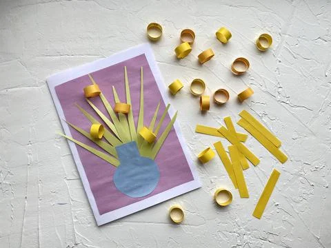 Process, kids DIY, how to make a postcard with yellow flowers Stock Photos