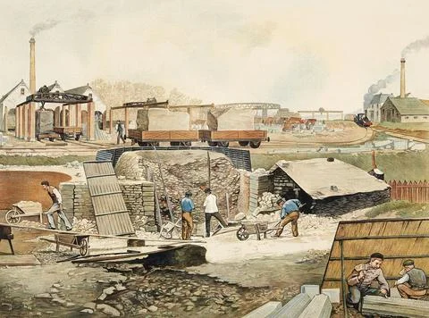 Process in a lime distillery, lime factory. In the middle area, you can see a Stock Illustration