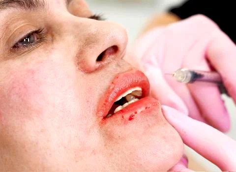 The process of lips enhancement. gloved hands injects botox into a female lip Stock Photos