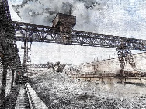 Process of loading crushed stone with a gantry crane. Crane will perform carg Stock Photos