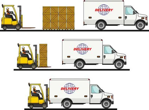 The process of loading with forklift, truck, van and boxes Stock Illustration