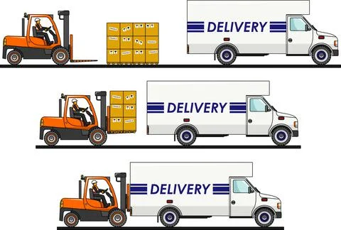 The process of loading with forklift, truck, van and boxes isolated on white Stock Illustration