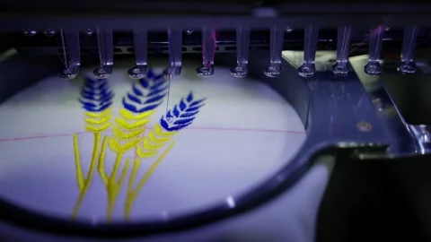 Process of machine embroidery of colored pattern. Concept of embroidery Stock Footage 278481785