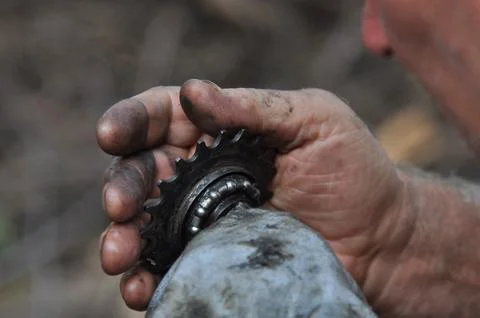 The process of maintaining an old bicycle, close-up view. Fotos Stock