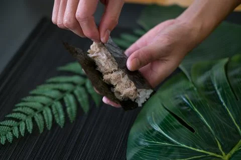 The process of making and decorating tuna Temaki Hand Roll. Stock Photos