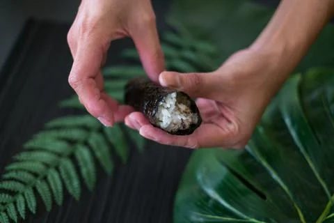 The process of making and decorating tuna Temaki Hand Roll. Stock Photos