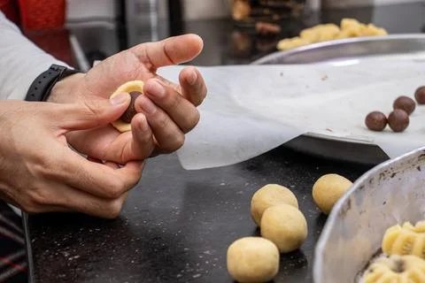 Process of making arabic cookies and kahk for islamic eid after ramadan Stock Photos