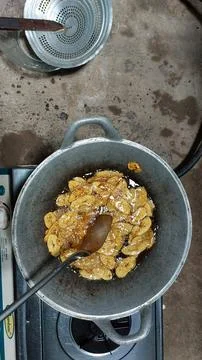 The process of making banana chips Stock Photos