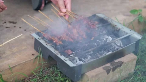 Process of making beef meat satay. indonesian asian food. Stock Footage 201182830
