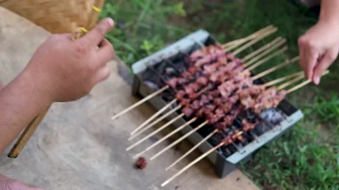 Process of making beef meat satay. indonesian asian food. Stock Footage 201182867
