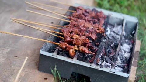 Process of making beef meat satay. indonesian asian food. Stock Footage 201182910