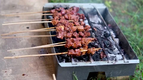 Process of making beef meat satay. indonesian asian food. Stock Footage 201183044
