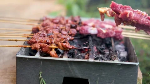 Process of making beef meat satay. indonesian asian food. Stock Footage 201183091