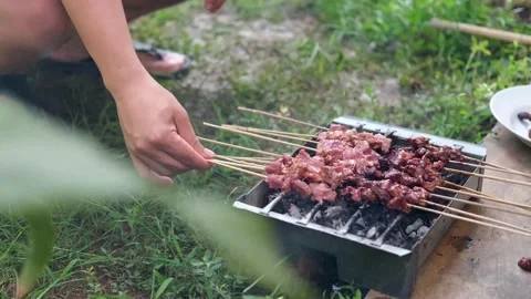 Process of making beef meat satay. indonesian asian food. Stock Footage 201183120