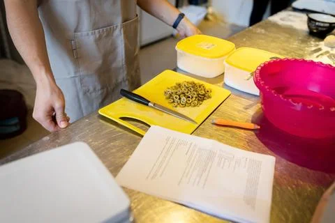 The process of making bread with olives. Slicing Stock Photos