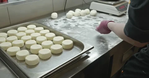 Process of Making Bread Rolls by Baker at Restaurant Kitchen. Slow motion 60fps  Stock Footage 295328336