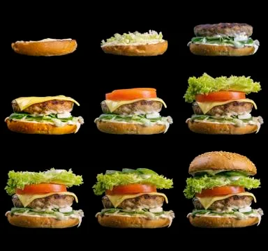 Process making of burger, step by step isolated on black background. Burger w Stock Photos