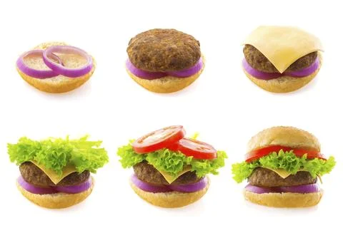Process making of burger, step by step isolated on white Stock Photos