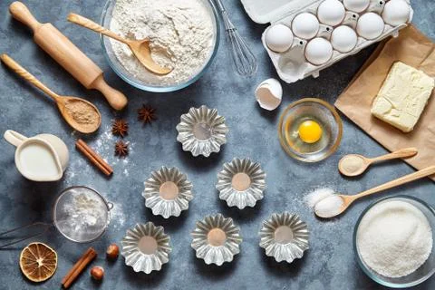 The process of making cake dough in Metal bakeware. Baking ingredients. Bake Stock Photos
