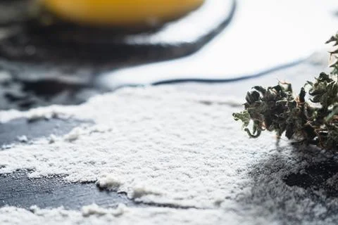 The process of making cannabis pastries. raw broken egg, a rolling pin, flour 스톡 사진