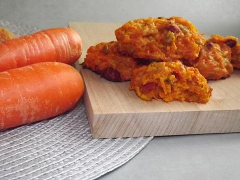 The process of making carrot cookies with the addition of dried apricots 写真素材