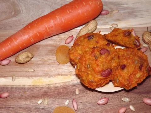 The process of making carrot cookies with the addition of dried apricots 写真素材
