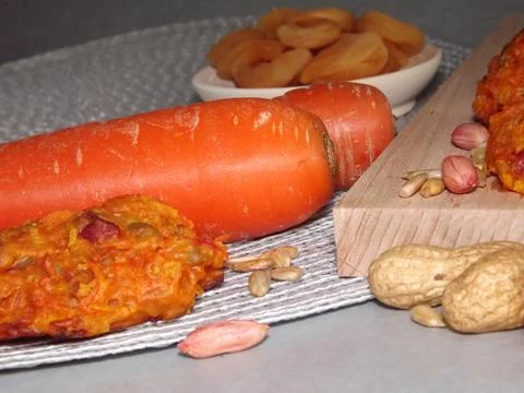 The process of making carrot cookies with the addition of dried apricots 写真素材