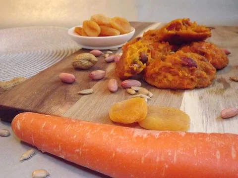 The process of making carrot cookies with the addition of dried apricots 写真素材
