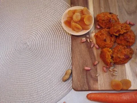 The process of making carrot cookies with the addition of dried apricots 写真素材