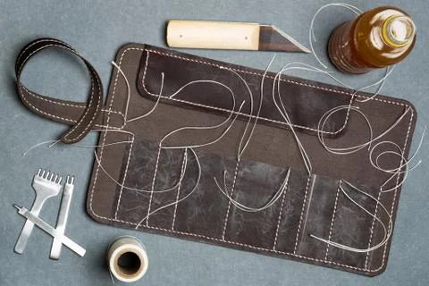 Process of making case for makeup artist brushes Stock Photos