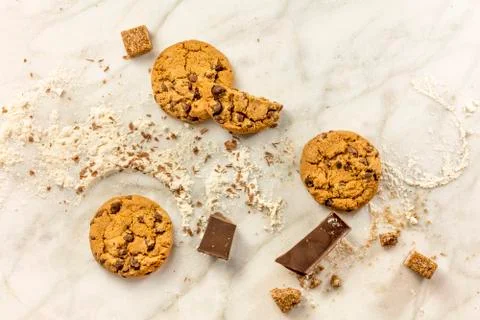 Process of making chocolate chips cookies, with flour and sugar Stock Photos