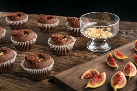 Process of making chocolate muffins with nut filling. Homemade cupcakes with  Stock Photos