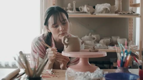 The process of making clay item in the workshop. Decorative tableware made of Video stock 152335282