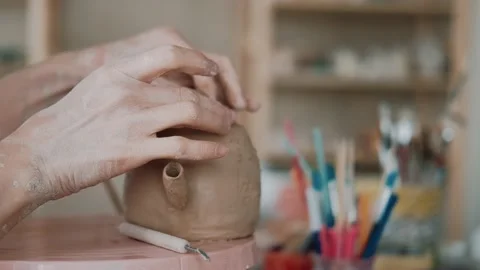 The process of making clay item in the workshop. Decorative tableware made of Stock Footage 152448427