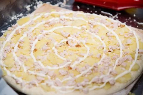 Process of making, decorating, preparing pizza. Close up Stock Photos