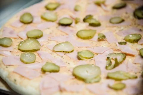 Process of making, decorating, preparing pizza. Close up Stock Photos