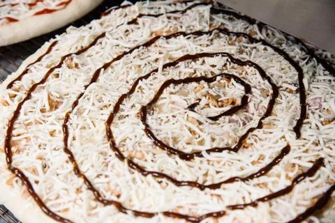 Process of making, decorating, preparing pizza. Close up Stock Photos