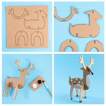 Process of making deer paper craft model on plain background, recycling con.. Fotos Stock