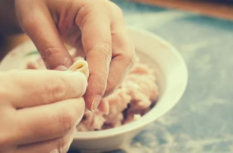 The process of making delicious home-made dumplings with meat. Stock Photos