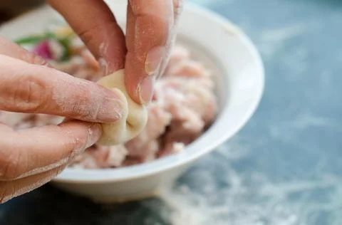 The process of making delicious home-made dumplings with meat. Stock Photos