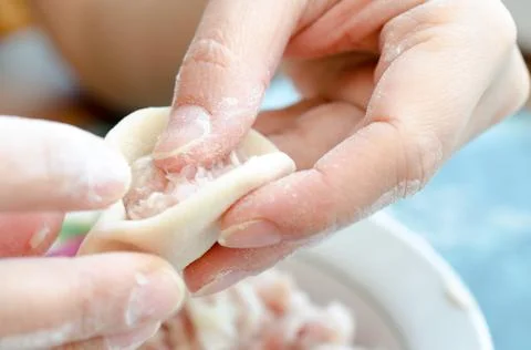 The process of making delicious home-made dumplings with meat. Stock Photos