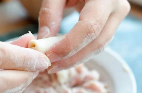 The process of making delicious home-made dumplings with meat. Stock Photos