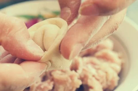 The process of making delicious home-made dumplings with meat. Stock Photos
