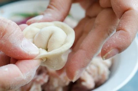 The process of making delicious home-made dumplings with meat. Stock Photos